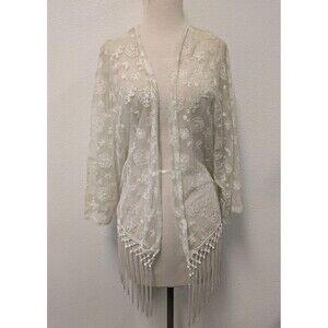 Amber Shu White Floral Lace Fringe Open Top sz L Western Romantic Fairy Bridal
